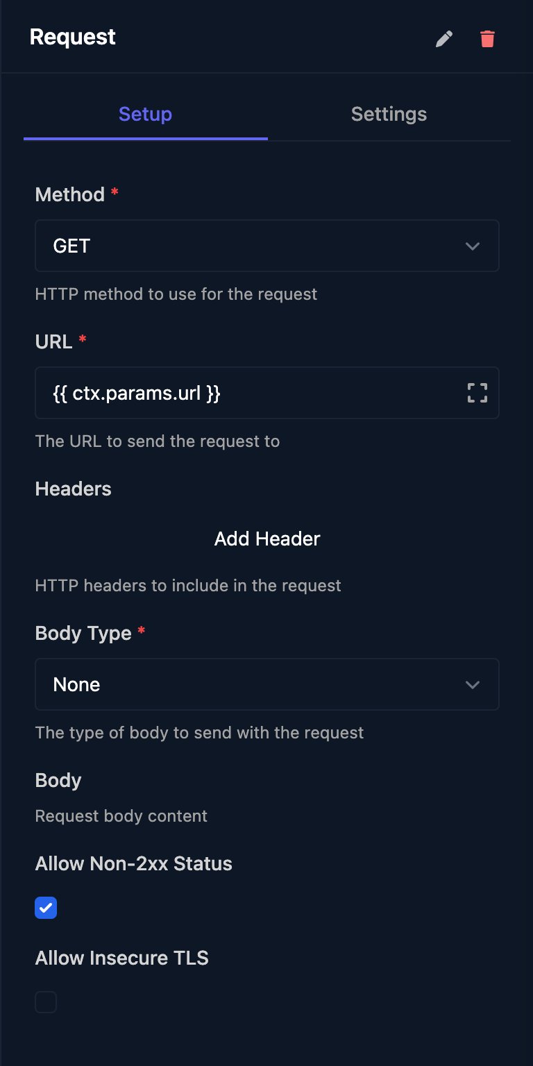 The Request step: Method GET, URL set to ctx.params.url, no headers, Body Type None, Allow Non-2xx Status ticked and Allow Insecure TLS unticked.