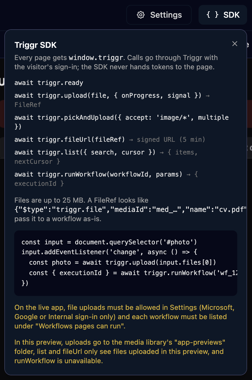 The Triggr SDK popover opened from the SDK button in the app editor, listing triggr.ready, upload, pickAndUpload, fileUrl, list and runWorkflow with what each returns, a FileRef example, a short upload-and-run code sample, and notes that uploads and workflows need Settings and that runWorkflow is unavailable in the preview.