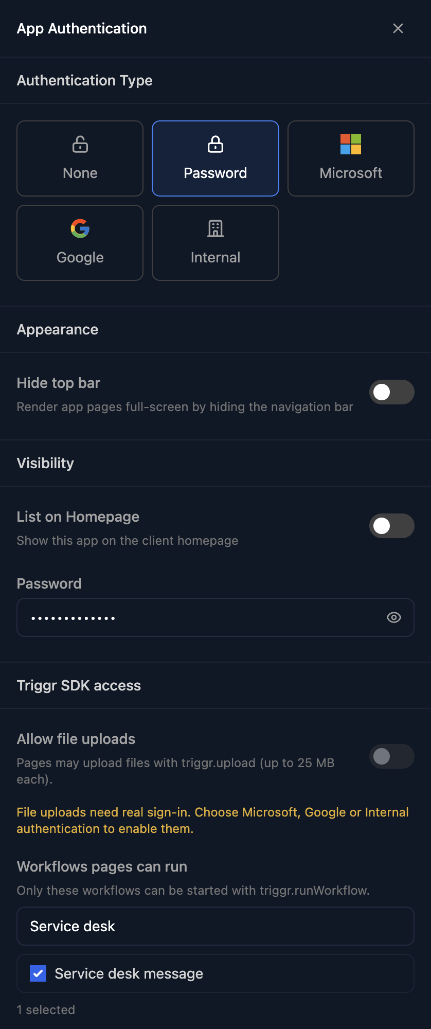 The App Authentication panel with Password selected, Hide top bar and List on Homepage off, a masked Password, Allow file uploads off, and Service desk message ticked under Workflows pages can run.