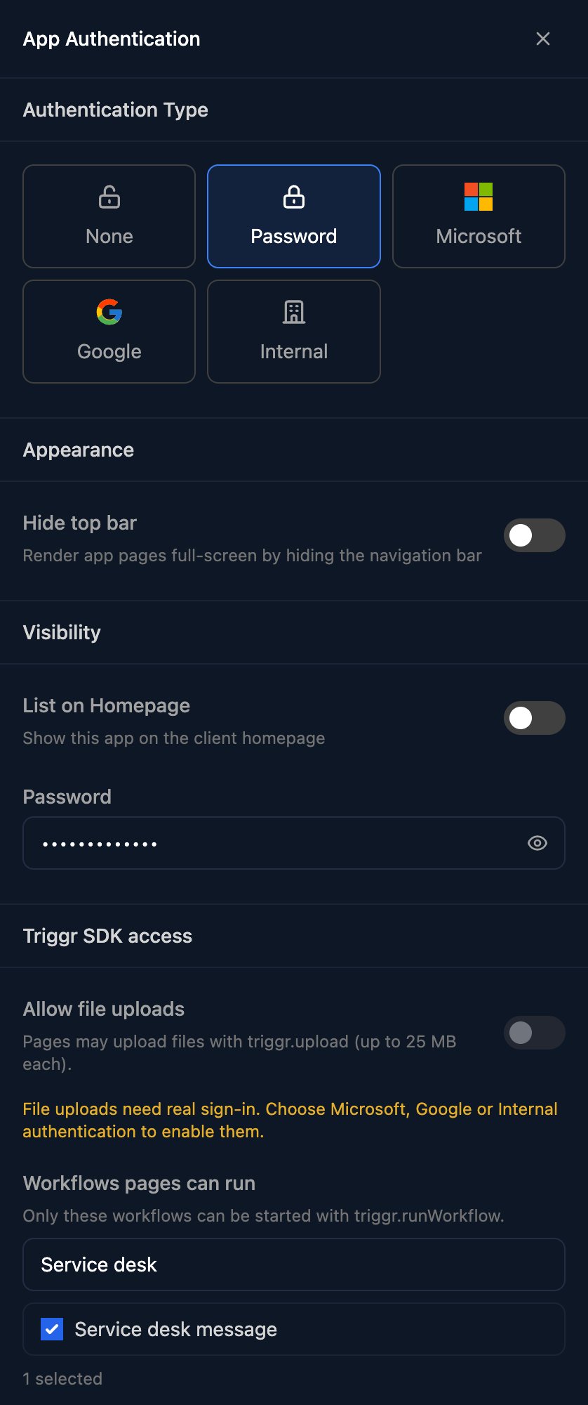 The App Authentication panel with Password selected, Hide top bar and List on Homepage off, a masked Password, Allow file uploads off, and Service desk message ticked under Workflows pages can run.