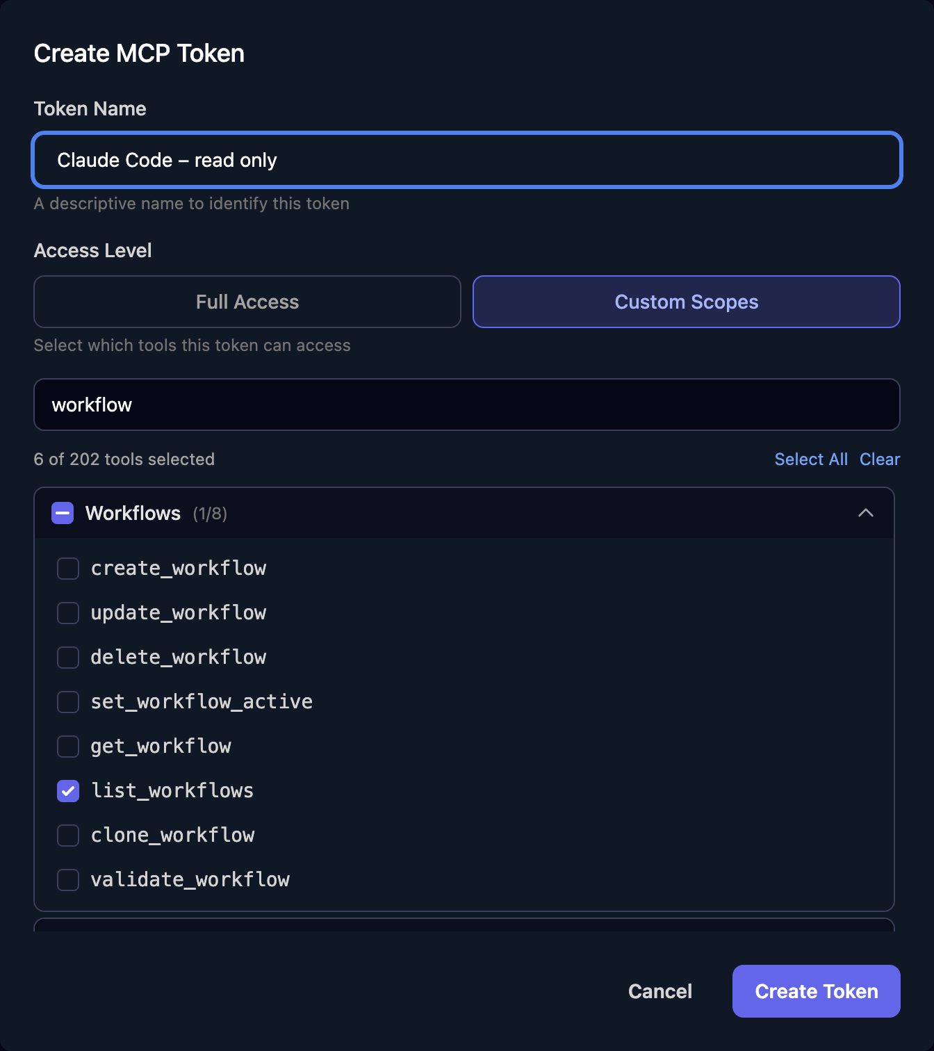 The Create MCP Token dialog with Token Name Claude Code – read only, Custom Scopes selected, a search box filtering to workflow, 6 of 202 tools selected, and the Workflows group with list_workflows ticked.
