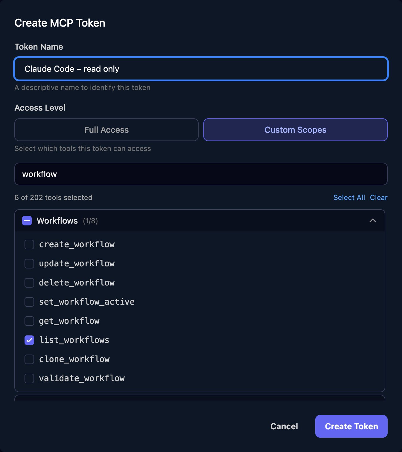 The Create MCP Token dialog with Token Name Claude Code – read only, Custom Scopes selected, a search box filtering to workflow, 6 of 202 tools selected, and the Workflows group with list_workflows ticked.