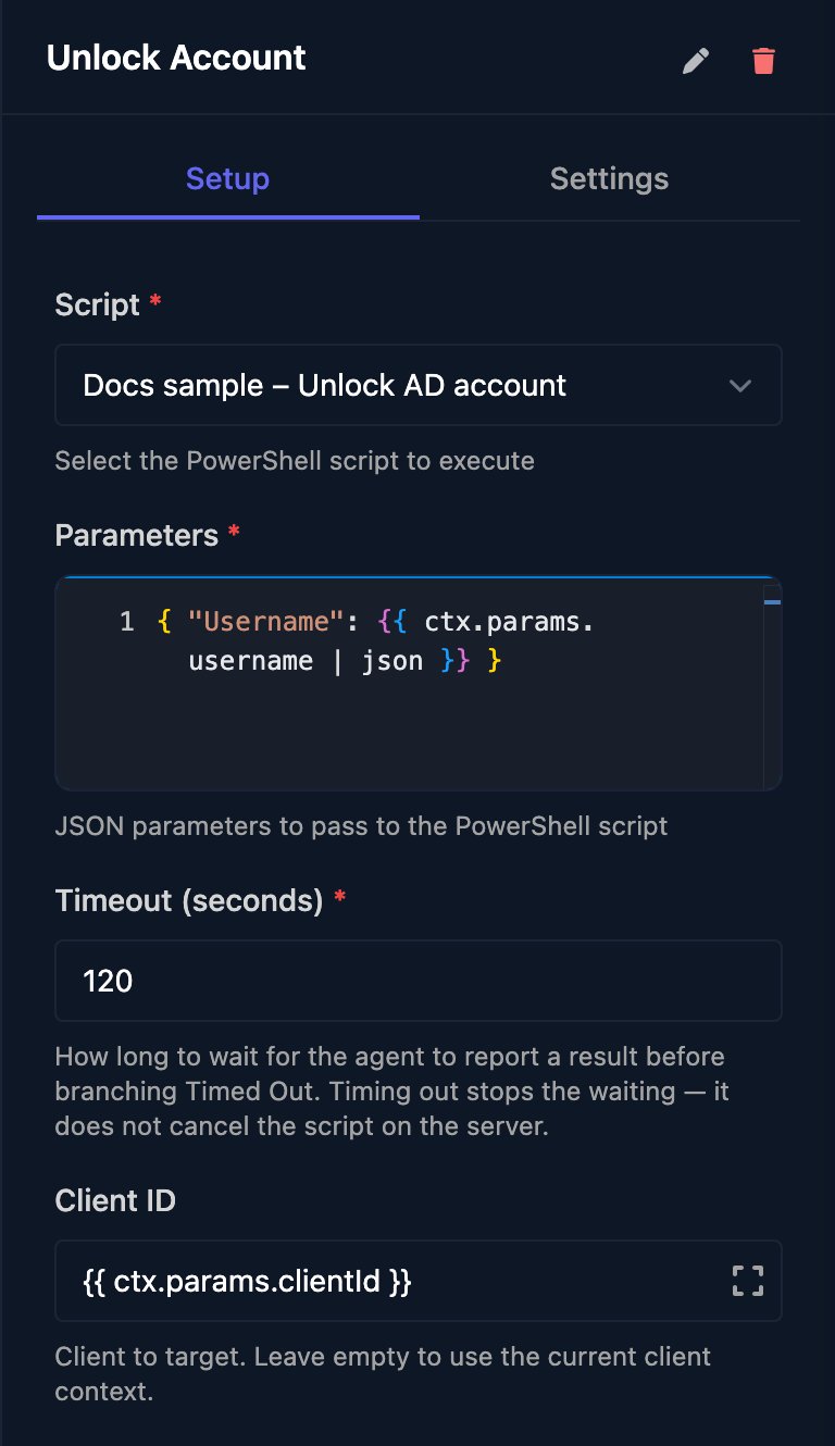 The Unlock Account step: Script Docs sample – Unlock AD account, Parameters with Username set to ctx.params.username with the json filter, Timeout (seconds) 120 and Client ID set to ctx.params.clientId.