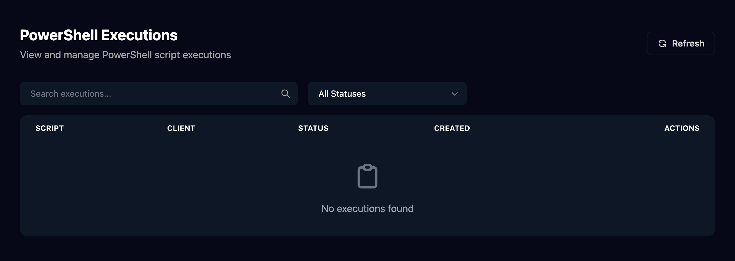 The PowerShell Executions page, View and manage PowerShell script executions, with a Search executions box, an All Statuses filter and Script, Client, Status, Created and Actions columns.