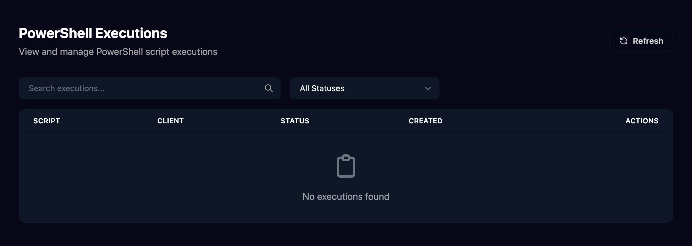 The PowerShell Executions page, View and manage PowerShell script executions, with a Search executions box, an All Statuses filter and Script, Client, Status, Created and Actions columns.