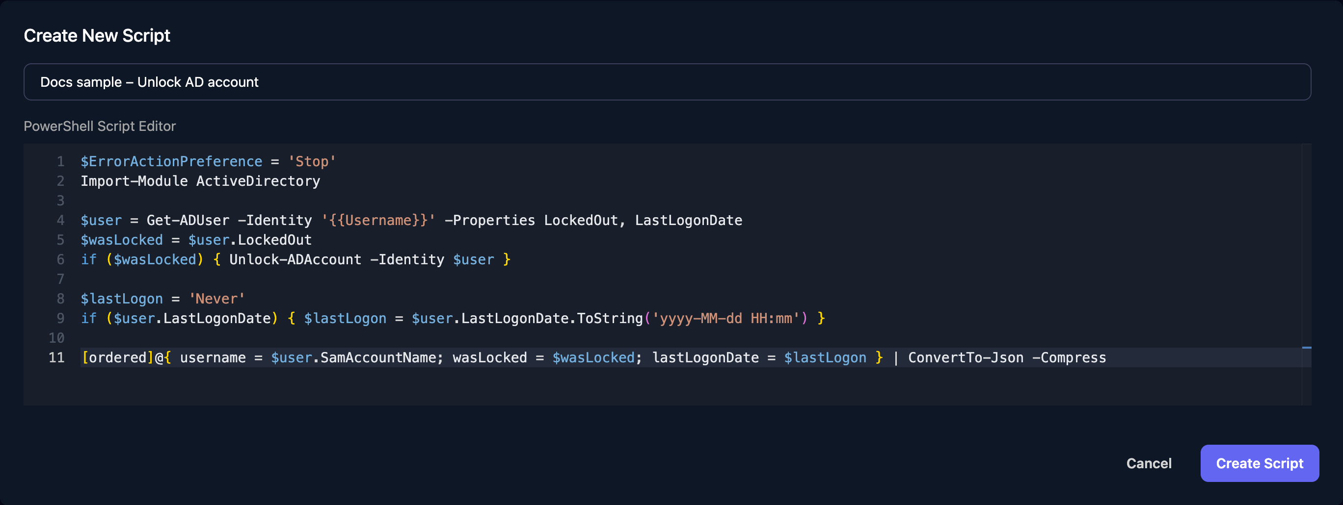 The Create New Script dialog with the name Docs sample – Unlock AD account and the unlock script in the PowerShell Script Editor, with Cancel and Create Script buttons.