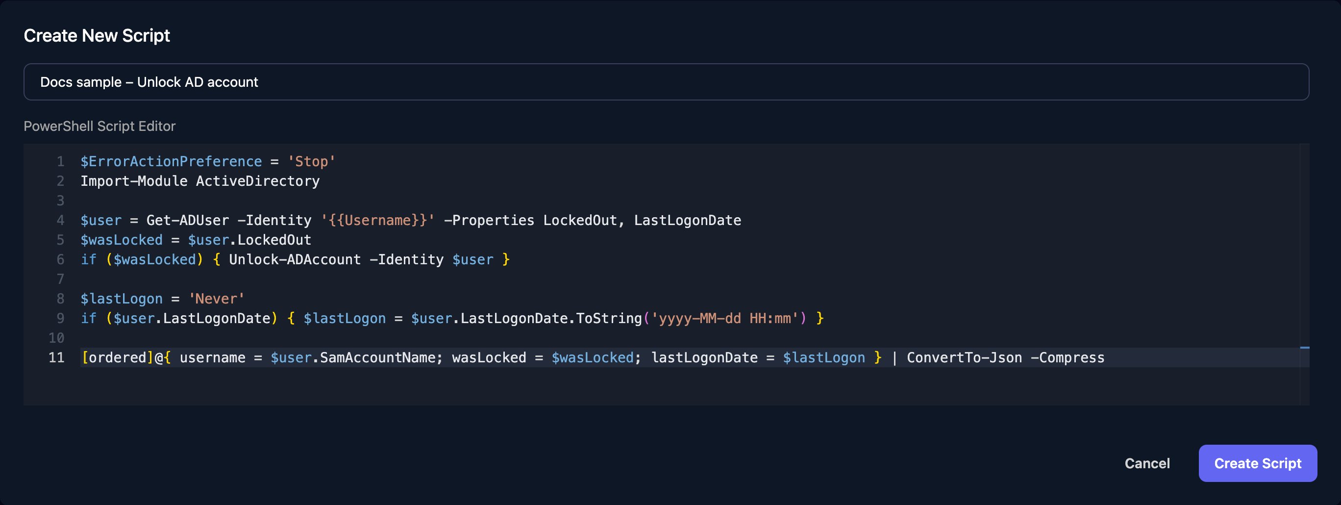 The Create New Script dialog with the name Docs sample – Unlock AD account and the unlock script in the PowerShell Script Editor, with Cancel and Create Script buttons.