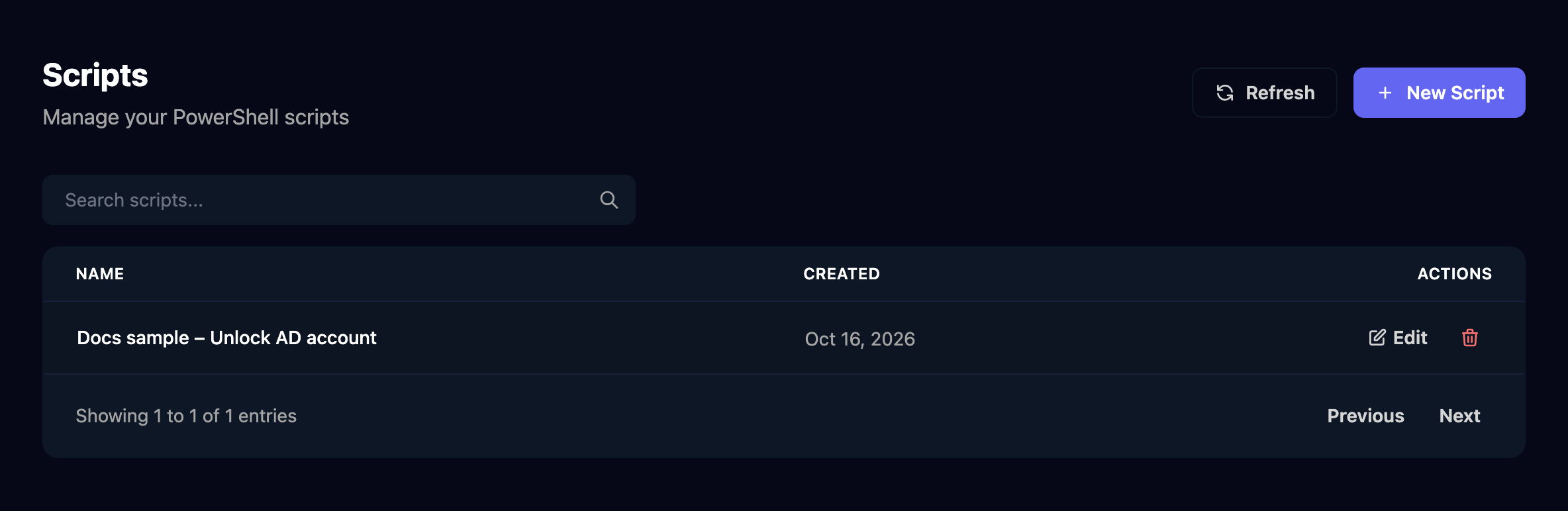 The Scripts page, Manage your PowerShell scripts, with Refresh and New Script buttons, a Search scripts box and one script, Docs sample – Unlock AD account, with Edit and delete actions.