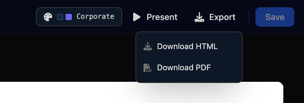 The deck toolbar with Corporate, Present and Export, and the Export menu open showing Download HTML and Download PDF.