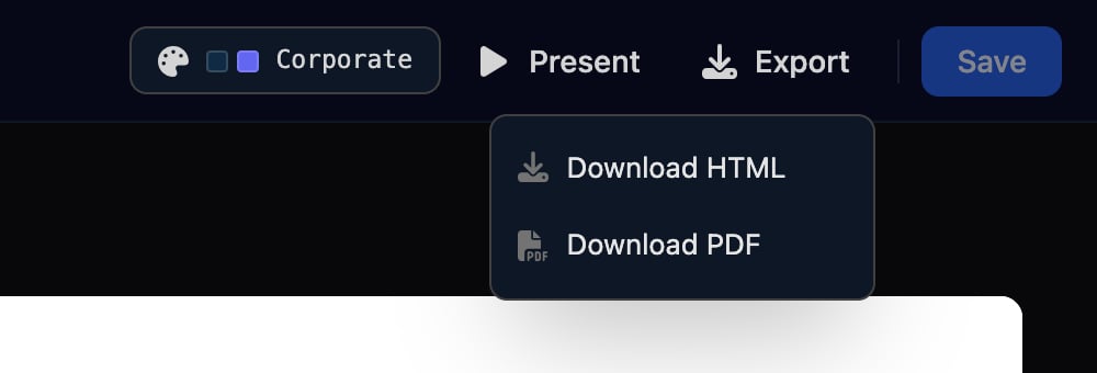 The deck toolbar with Corporate, Present and Export, and the Export menu open showing Download HTML and Download PDF.