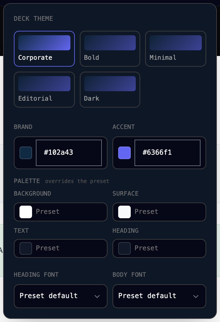 The Deck theme panel with presets Corporate, Bold, Minimal, Editorial and Dark, Brand #102a43 and Accent #6366f1 colours, Background, Surface, Text and Heading palette overrides set to Preset, and Heading font and Body font set to Preset default.