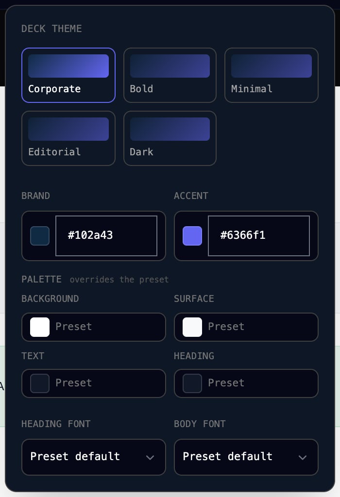 The Deck theme panel with presets Corporate, Bold, Minimal, Editorial and Dark, Brand #102a43 and Accent #6366f1 colours, Background, Surface, Text and Heading palette overrides set to Preset, and Heading font and Body font set to Preset default.