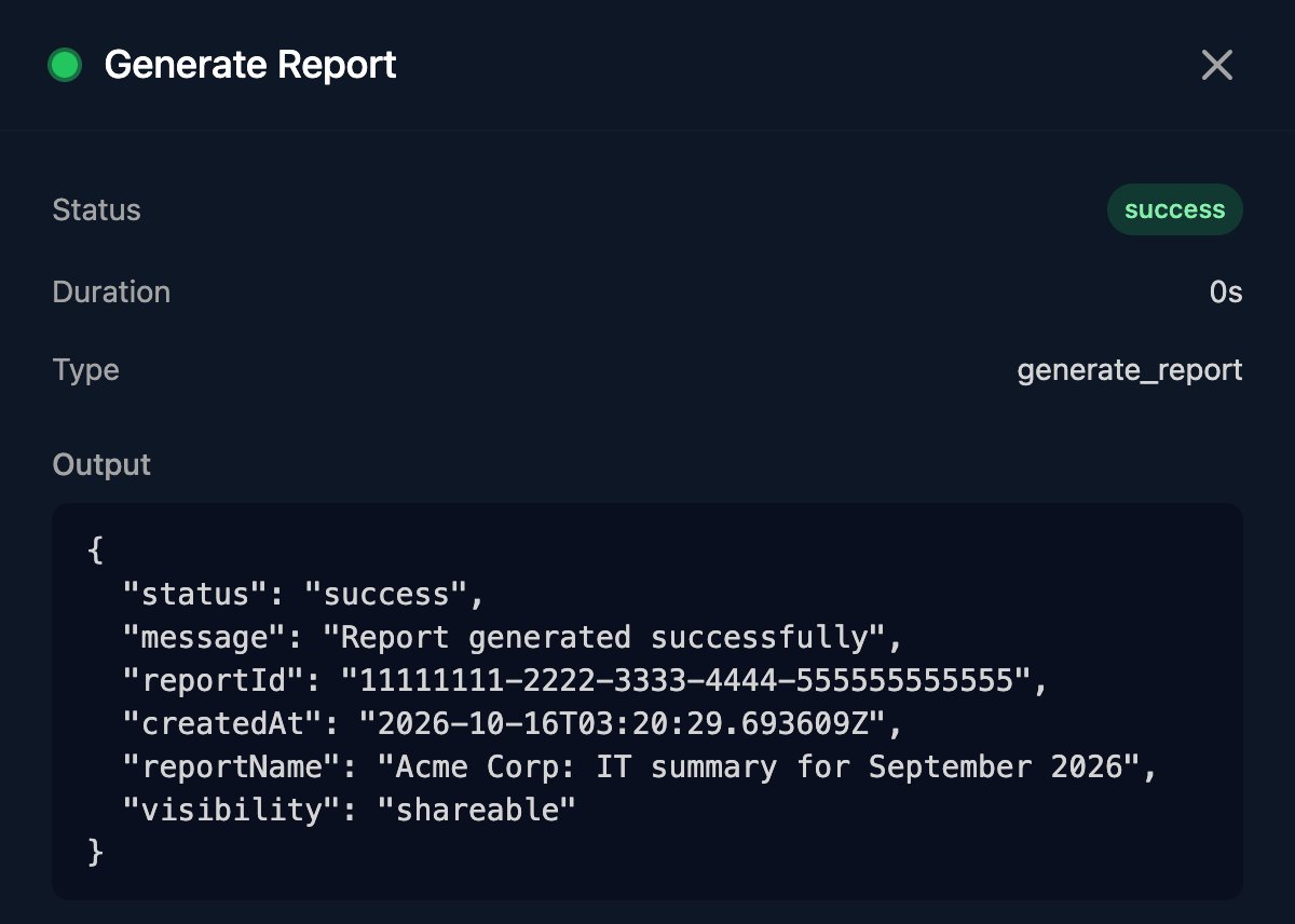 The Generate Report step in a run: Status success, Type generate_report and Output with status success, message Report generated successfully, reportId, createdAt, reportName Acme Corp: IT summary for September 2026 and visibility shareable.