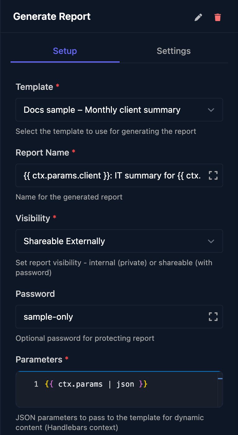 The Generate Report step: Template Docs sample – Monthly client summary, Report Name built from ctx.params.client and month, Visibility Shareable Externally, Password sample-only and Parameters ctx.params with the json filter.