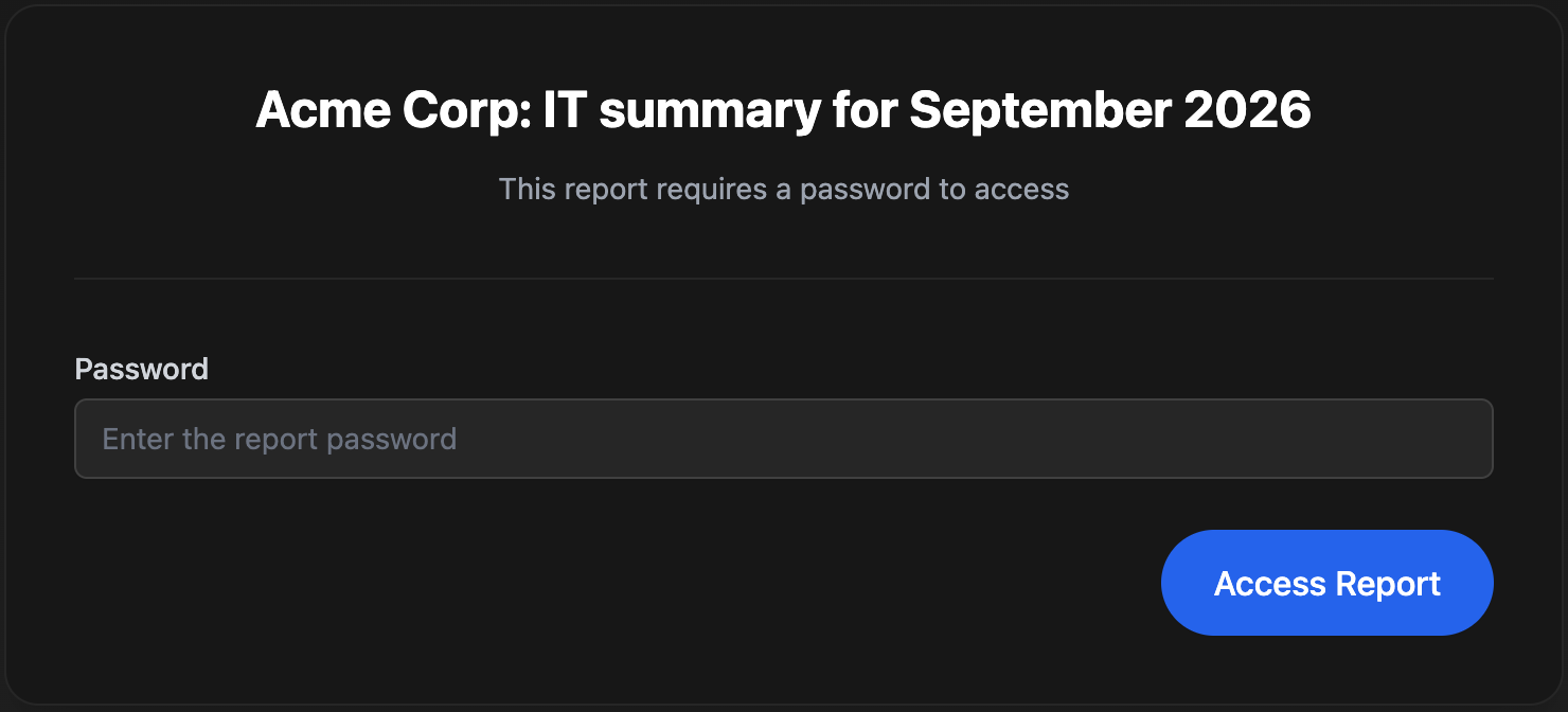 A public report page for Acme Corp: IT summary for September 2026 saying This report requires a password to access, with a Password box and an Access Report button.