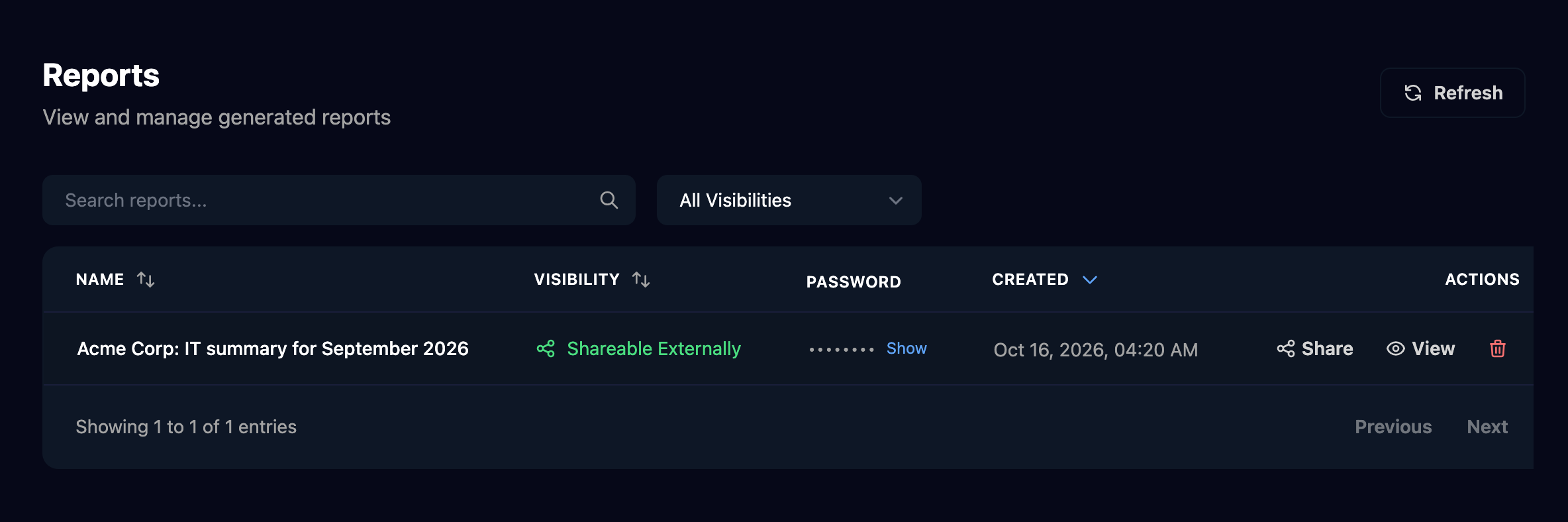 The Reports page, View and manage generated reports, with Search reports, an All Visibilities filter and one report, Acme Corp: IT summary for September 2026, Shareable Externally, a hidden password with Show, the created date, and Share, View and delete actions.