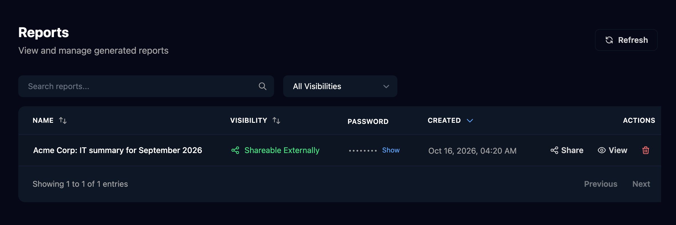 The Reports page, View and manage generated reports, with Search reports, an All Visibilities filter and one report, Acme Corp: IT summary for September 2026, Shareable Externally, a hidden password with Show, the created date, and Share, View and delete actions.