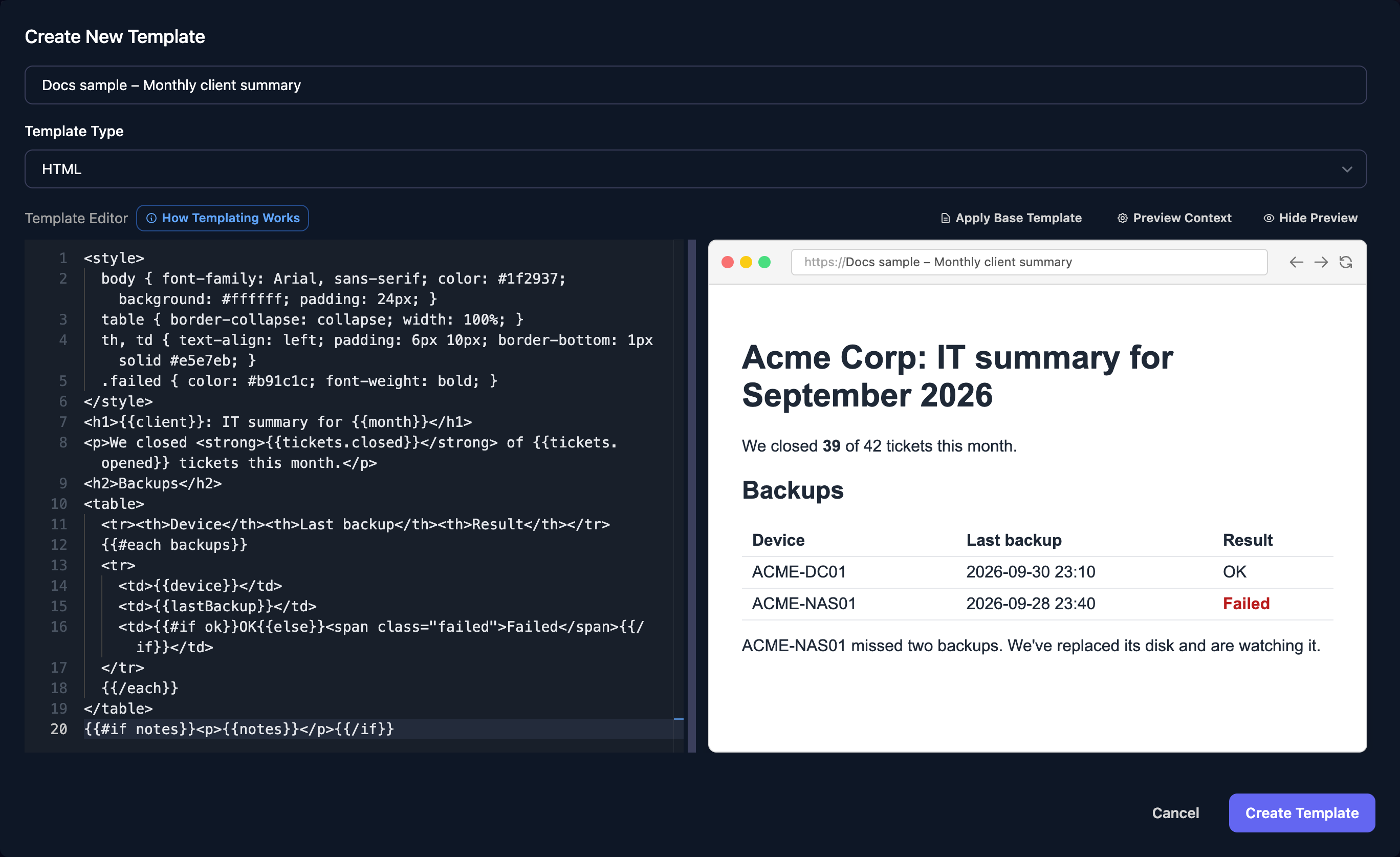 The Create New Template dialog: name Docs sample – Monthly client summary, Template Type HTML, the template in the Template Editor with How Templating Works, Apply Base Template, Preview Context and Hide Preview above it, and a preview showing Acme Corp: IT summary for September 2026 with a backups table where ACME-NAS01 is Failed in red.