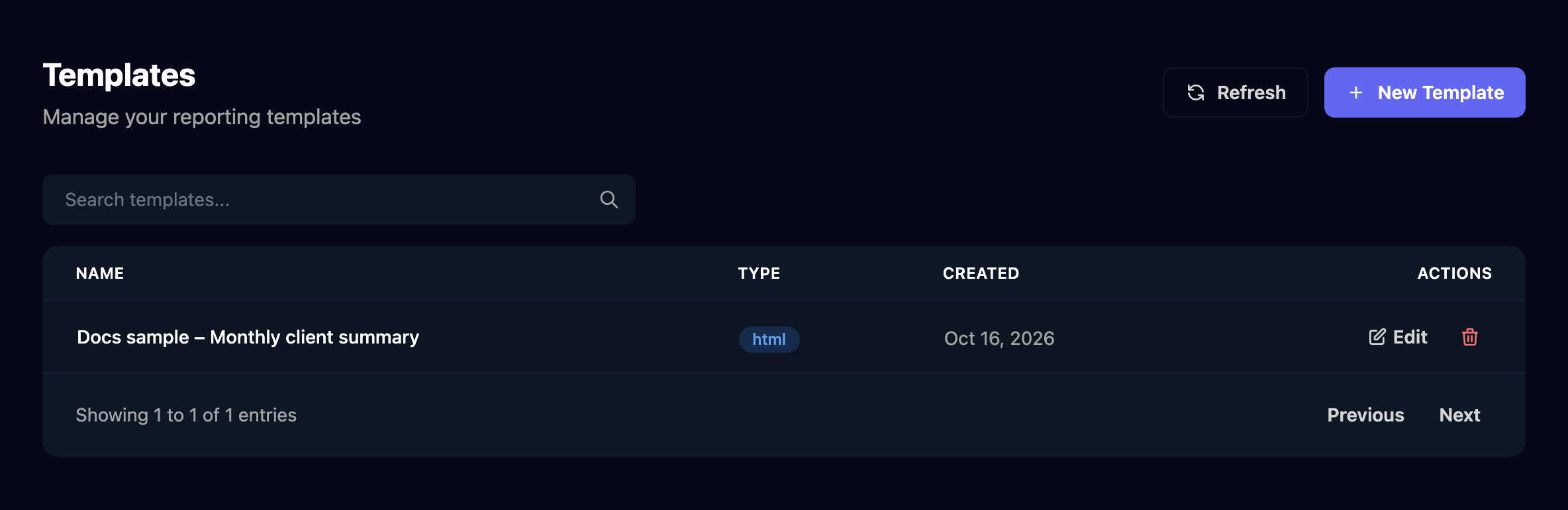 The Templates page, Manage your reporting templates, with Refresh and New Template buttons, a Search templates box and one template, Docs sample – Monthly client summary, type html, created Oct 16, 2026, with Edit and delete actions.