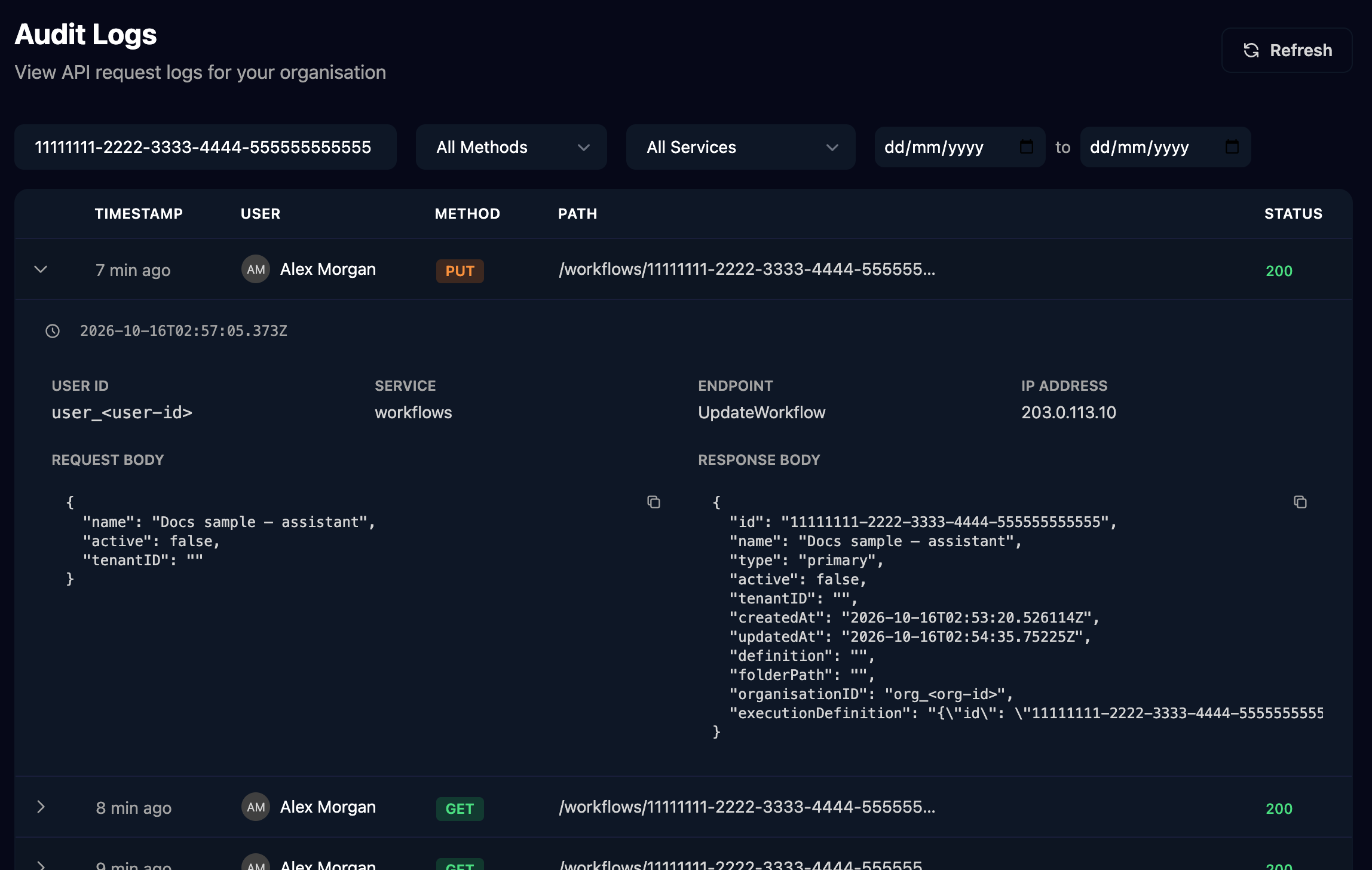 The Audit Logs page filtered by a workflow ID, with All Methods, All Services and date filters, and an expanded PUT row by Alex Morgan showing User ID, Service workflows, Endpoint UpdateWorkflow, IP Address and the request and response bodies.