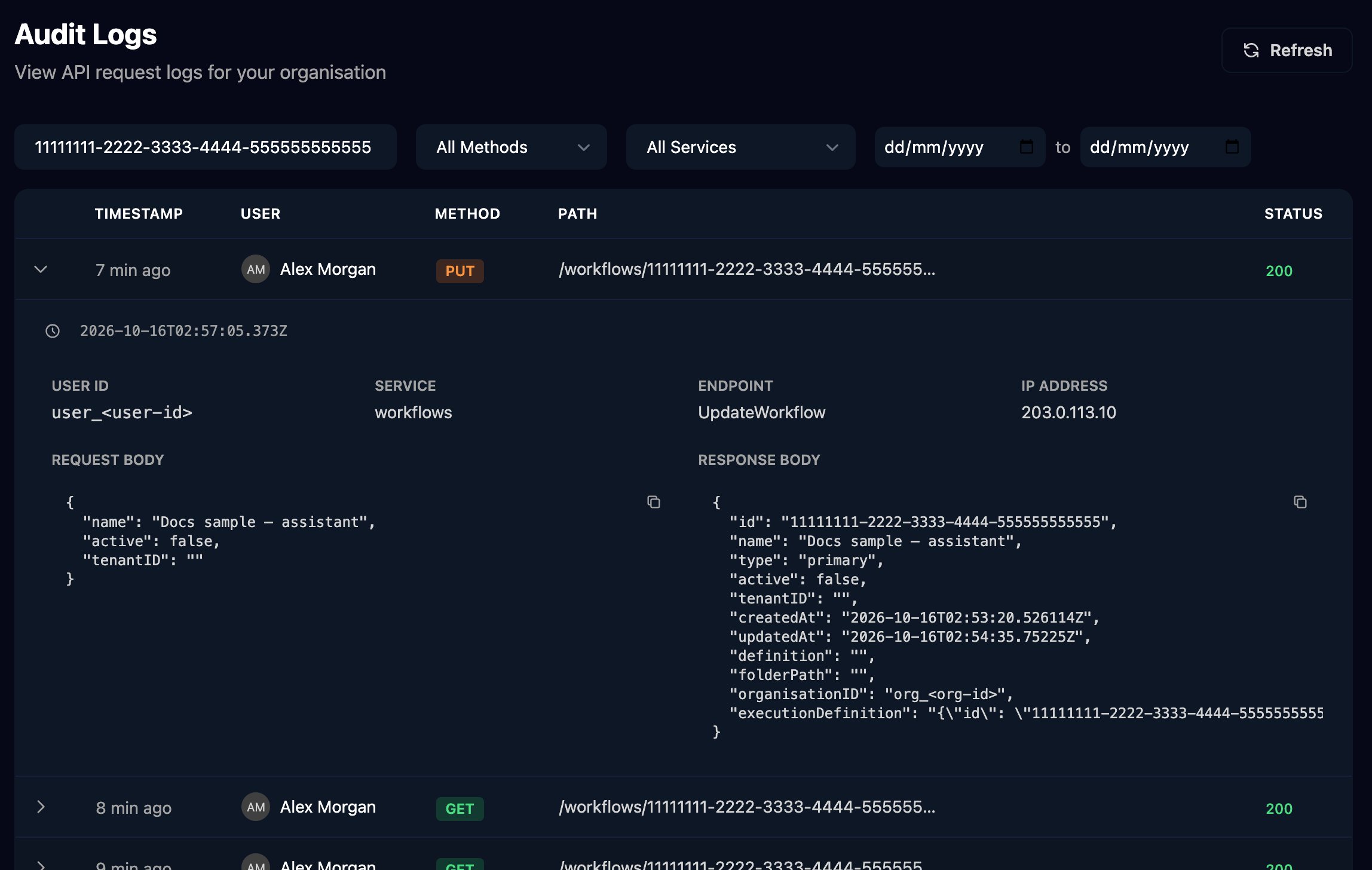 The Audit Logs page filtered by a workflow ID, with All Methods, All Services and date filters, and an expanded PUT row by Alex Morgan showing User ID, Service workflows, Endpoint UpdateWorkflow, IP Address and the request and response bodies.