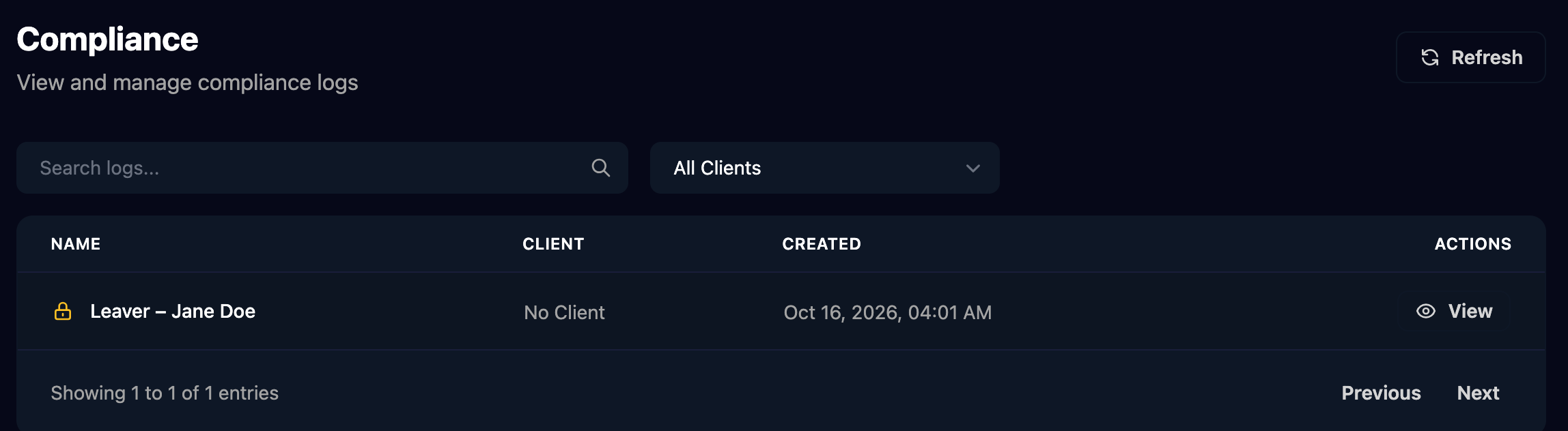 The Compliance page with a Search logs box, an All Clients filter, and one locked log, Leaver – Jane Doe, with No Client, a created date and a View button.