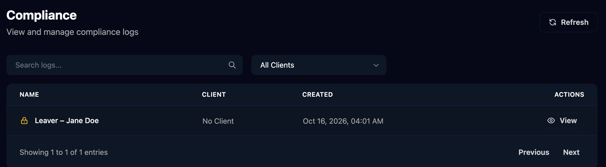 The Compliance page with a Search logs box, an All Clients filter, and one locked log, Leaver – Jane Doe, with No Client, a created date and a View button.