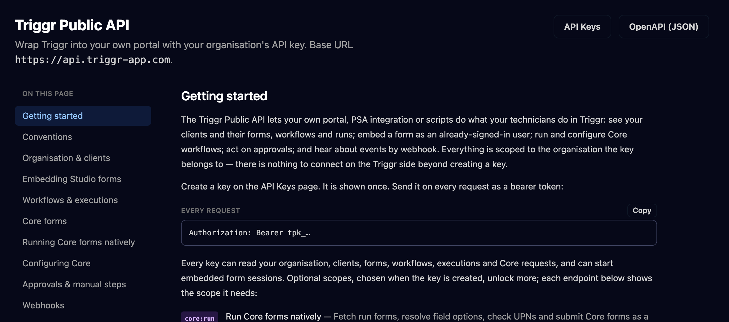 The Triggr Public API page with API Keys and OpenAPI (JSON) buttons, the base URL https://api.triggr-app.com, an On this page list from Getting started to Webhooks, and the Getting started section showing the Authorization: Bearer tpk_ header.