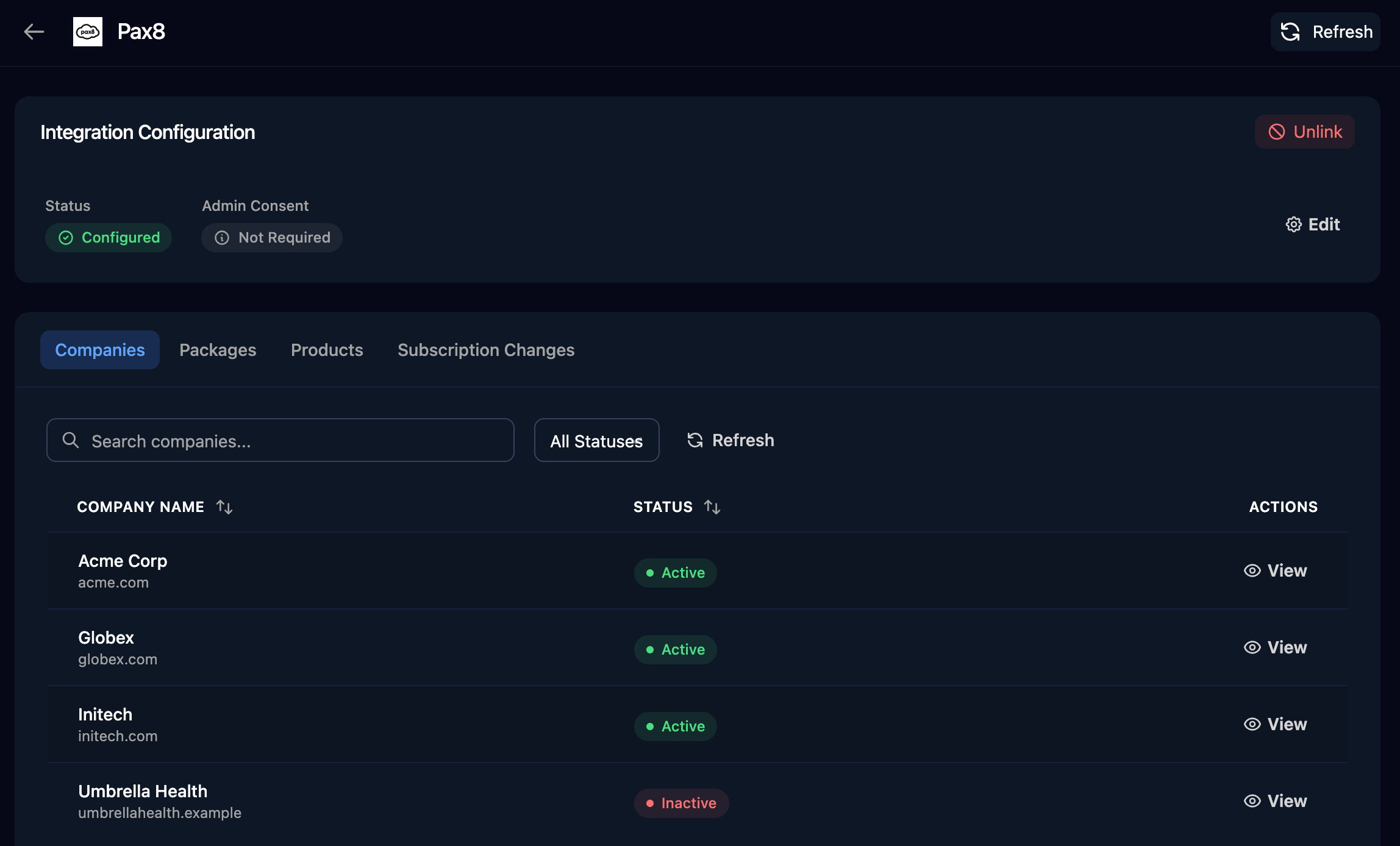 The Pax8 distributor page with Integration Configuration showing Status Configured, Admin Consent Not Required, Edit and Unlink, and the Companies tab listing Acme Corp, Globex and Initech as Active and Umbrella Health as Inactive, each with a View button.
