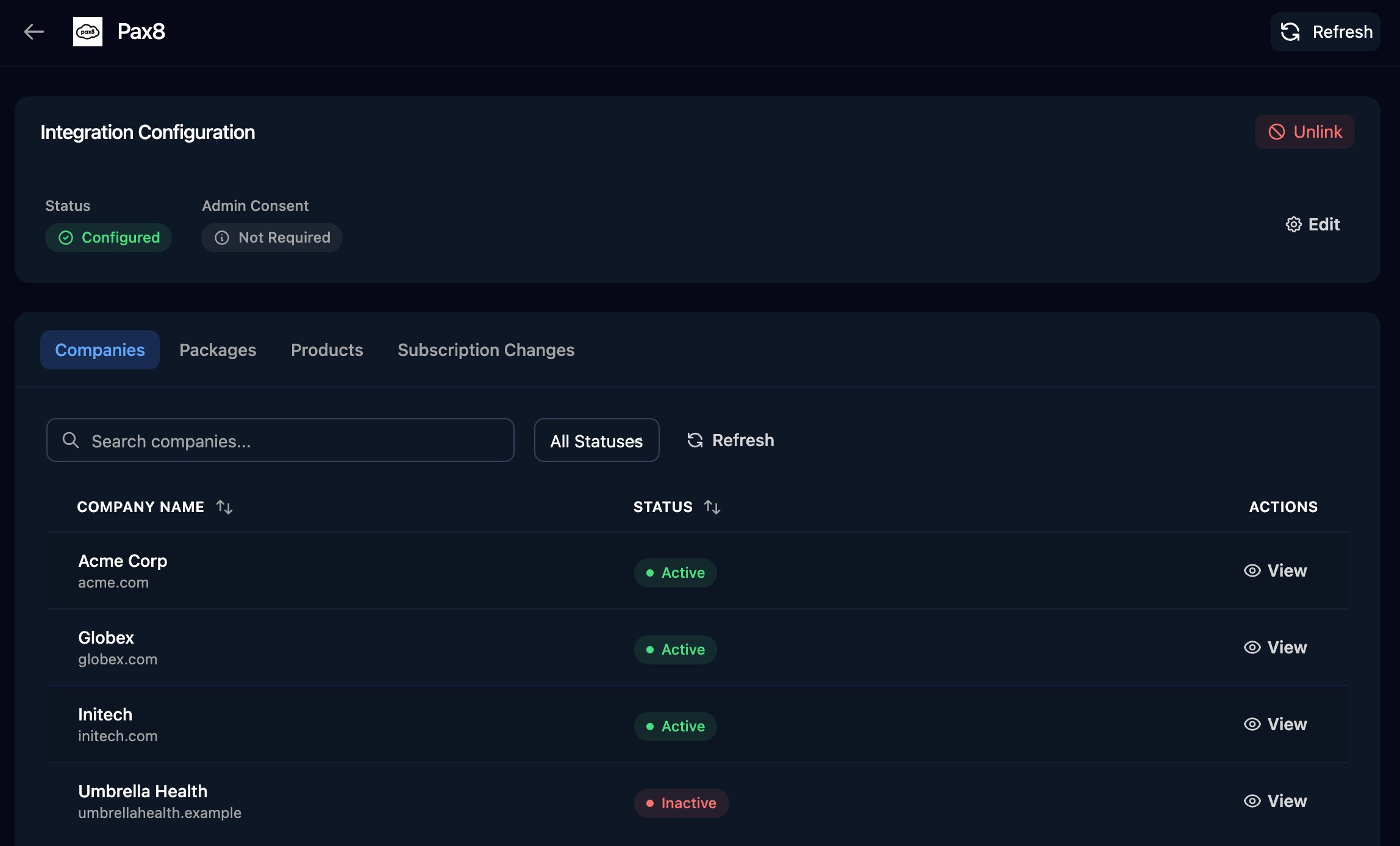 The Pax8 distributor page with Integration Configuration showing Status Configured, Admin Consent Not Required, Edit and Unlink, and the Companies tab listing Acme Corp, Globex and Initech as Active and Umbrella Health as Inactive, each with a View button.
