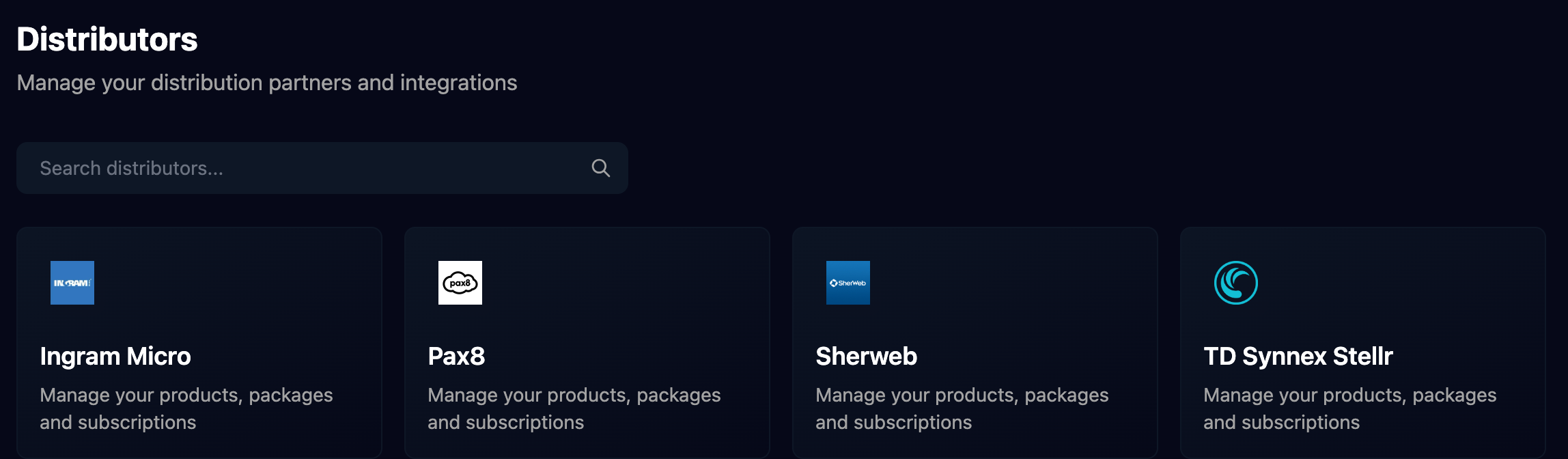 The Distributors page with a search box and cards for Ingram Micro, Pax8, Sherweb and TD Synnex Stellr, each reading Manage your products, packages and subscriptions.