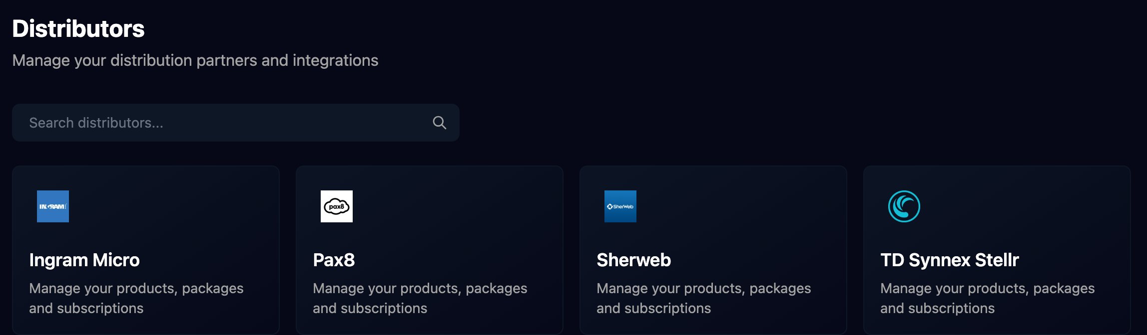 The Distributors page with a search box and cards for Ingram Micro, Pax8, Sherweb and TD Synnex Stellr, each reading Manage your products, packages and subscriptions.