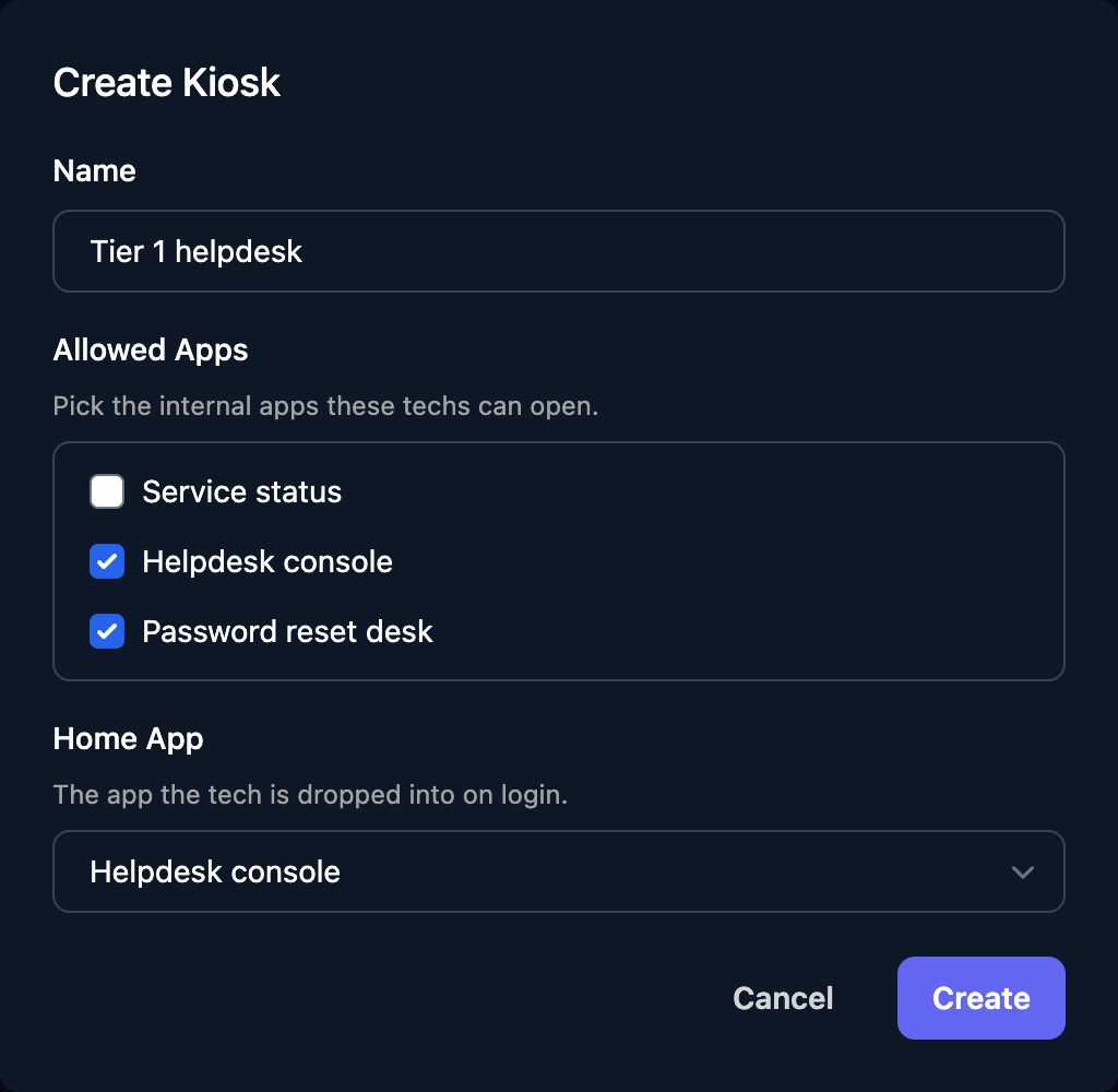 The Create Kiosk dialog with Name Tier 1 helpdesk, Helpdesk console and Password reset desk ticked under Allowed Apps, and Home App set to Helpdesk console.