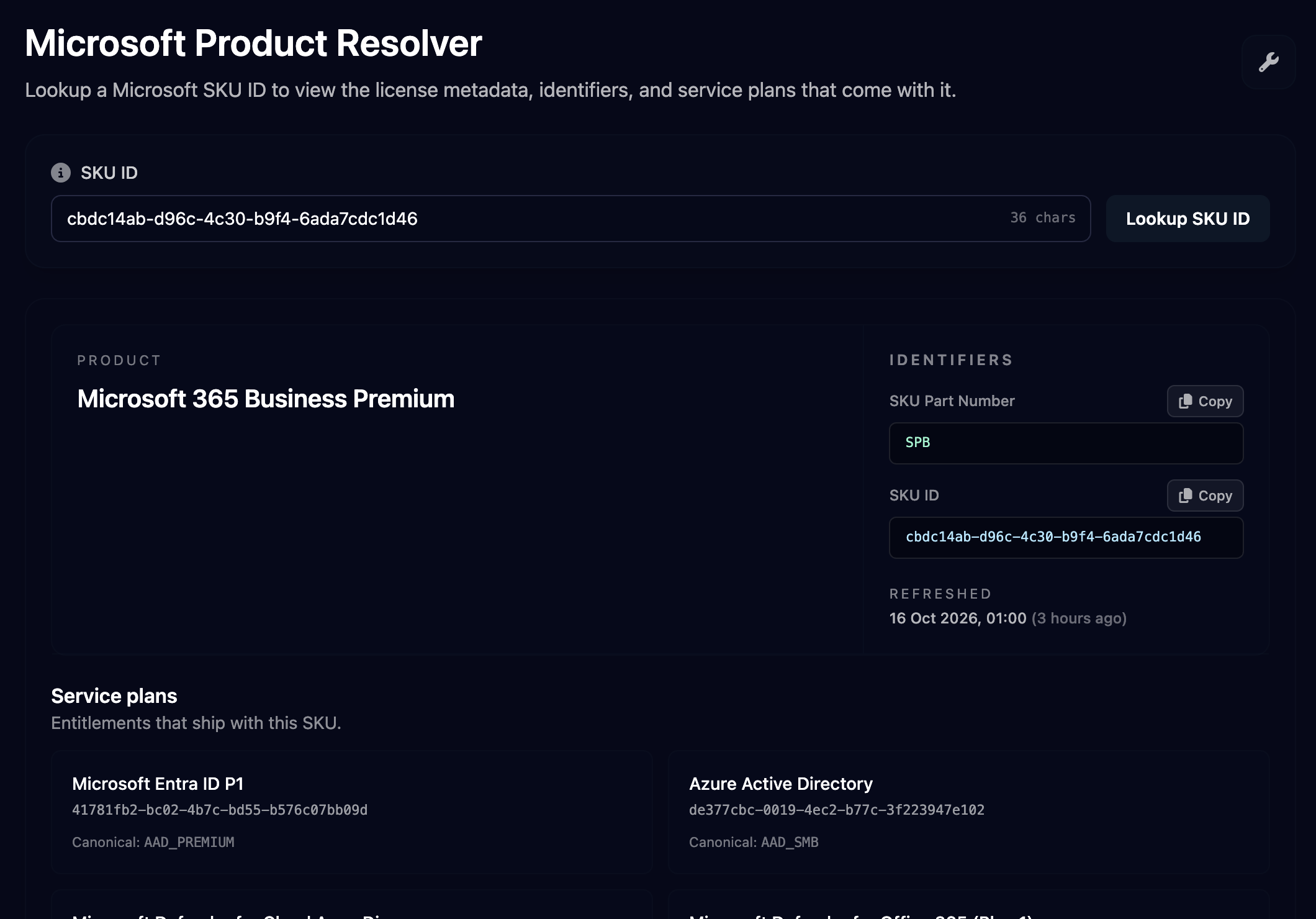 Microsoft Product Resolver showing SKU ID cbdc14ab-d96c-4c30-b9f4-6ada7cdc1d46 resolved to Microsoft 365 Business Premium, SKU Part Number SPB with Copy buttons, a Refreshed date, and service plans including Microsoft Entra ID P1 and Microsoft Defender for Office 365 (Plan 1).