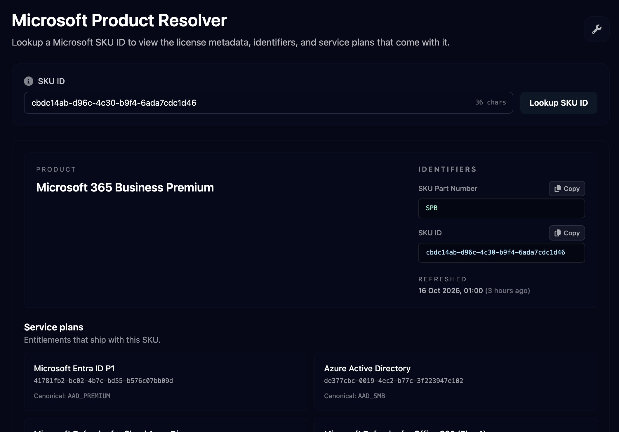 Microsoft Product Resolver showing SKU ID cbdc14ab-d96c-4c30-b9f4-6ada7cdc1d46 resolved to Microsoft 365 Business Premium, SKU Part Number SPB with Copy buttons, a Refreshed date, and service plans including Microsoft Entra ID P1 and Microsoft Defender for Office 365 (Plan 1).