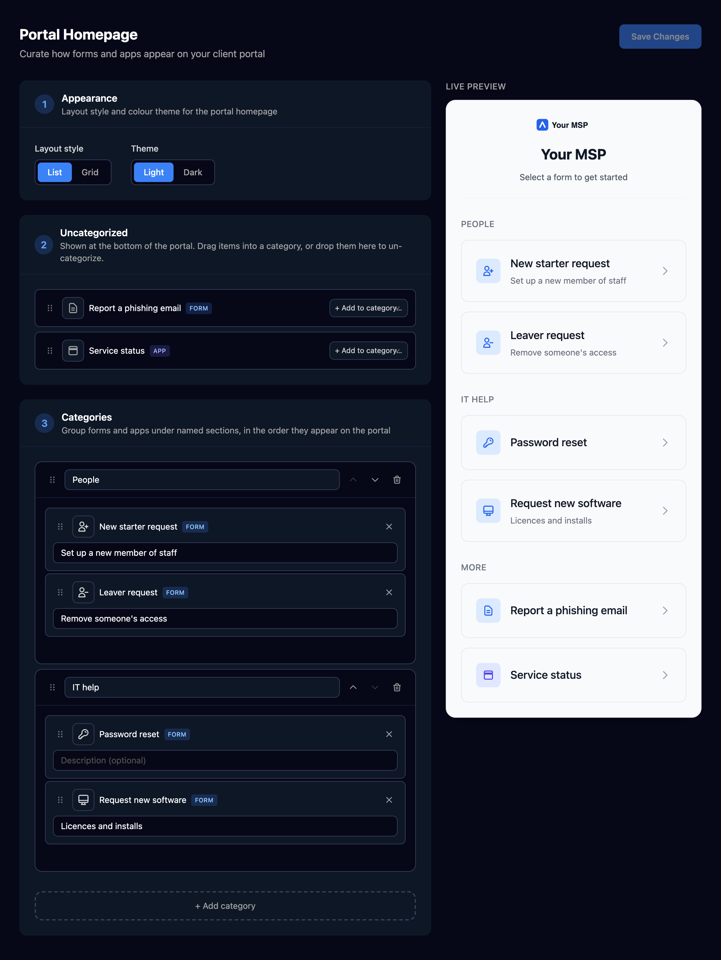 The Portal Homepage editor with Layout style List and Theme Light, an Uncategorized card holding Report a phishing email and Service status with Add to category menus, and People and IT help categories with their forms and descriptions, beside a Live preview of the Your MSP portal grouped under People, IT help and More.