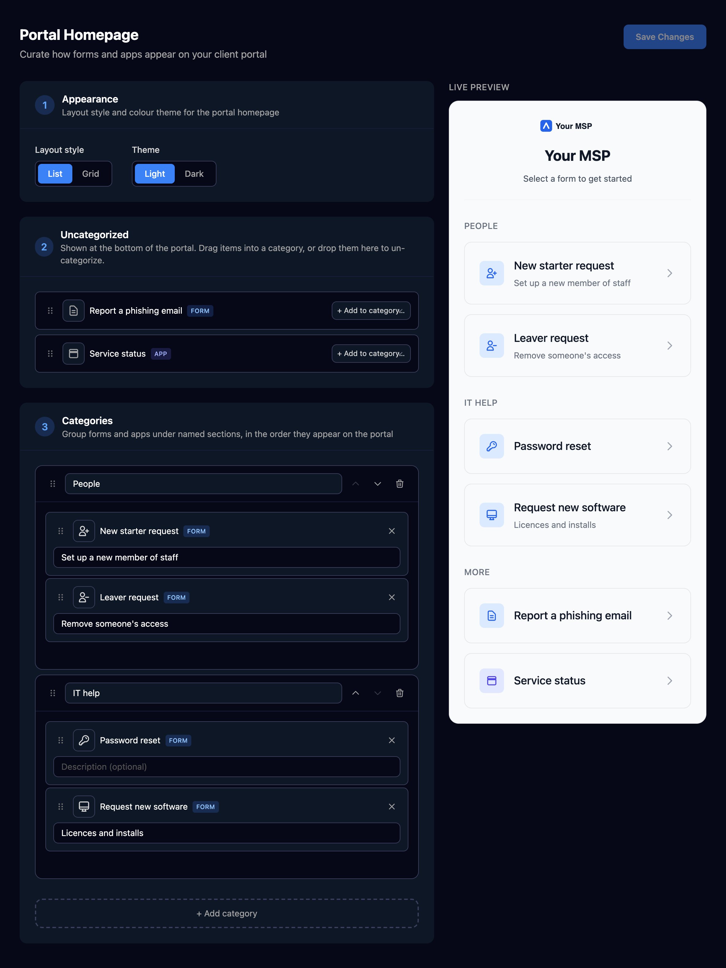 The Portal Homepage editor with Layout style List and Theme Light, an Uncategorized card holding Report a phishing email and Service status with Add to category menus, and People and IT help categories with their forms and descriptions, beside a Live preview of the Your MSP portal grouped under People, IT help and More.
