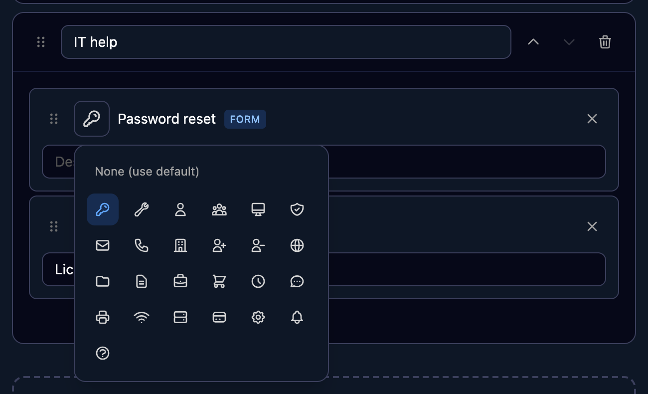 The IT help category with Password reset selected and its icon picker open, showing None (use default) and a grid of icons with the key highlighted.