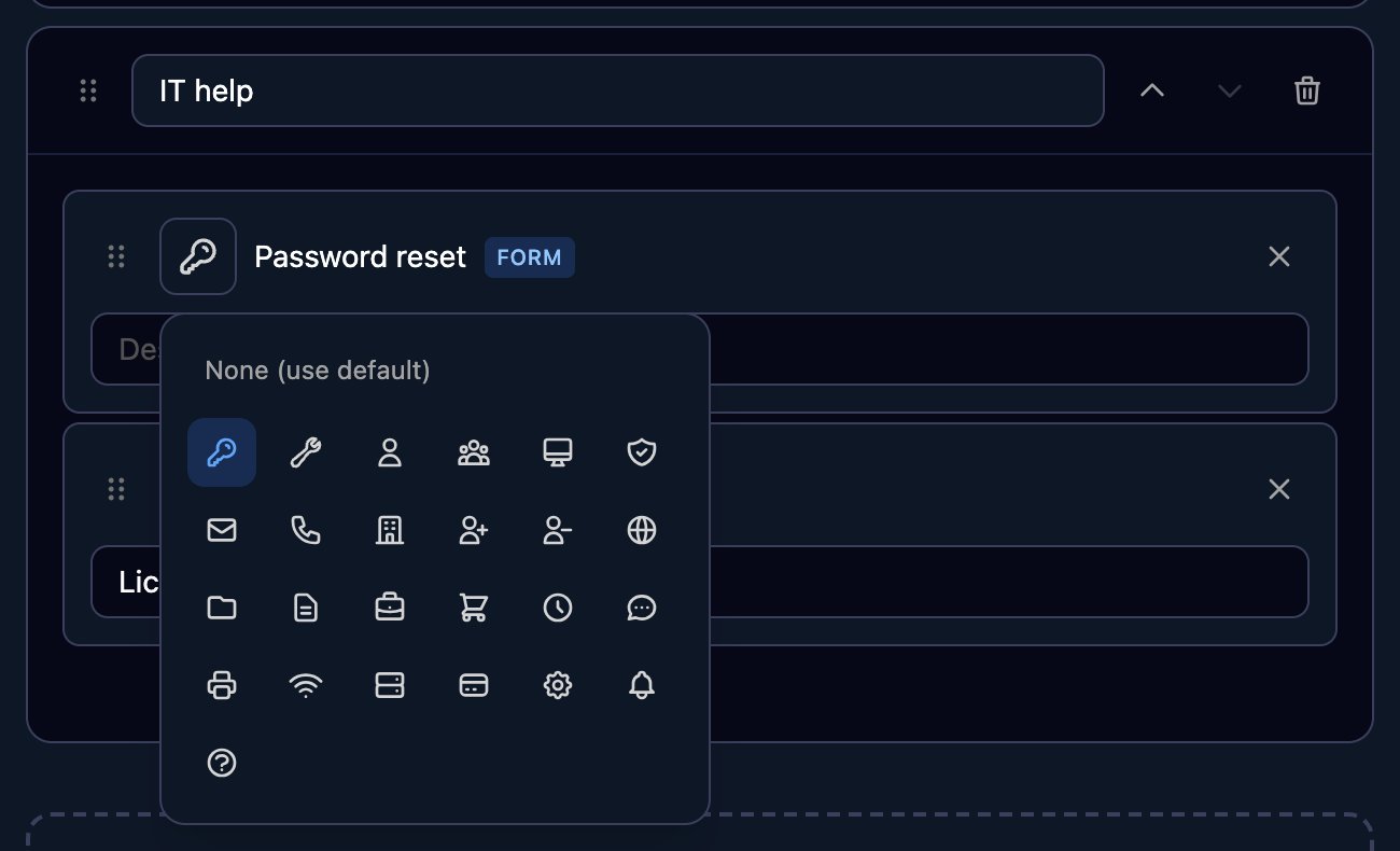 The IT help category with Password reset selected and its icon picker open, showing None (use default) and a grid of icons with the key highlighted.