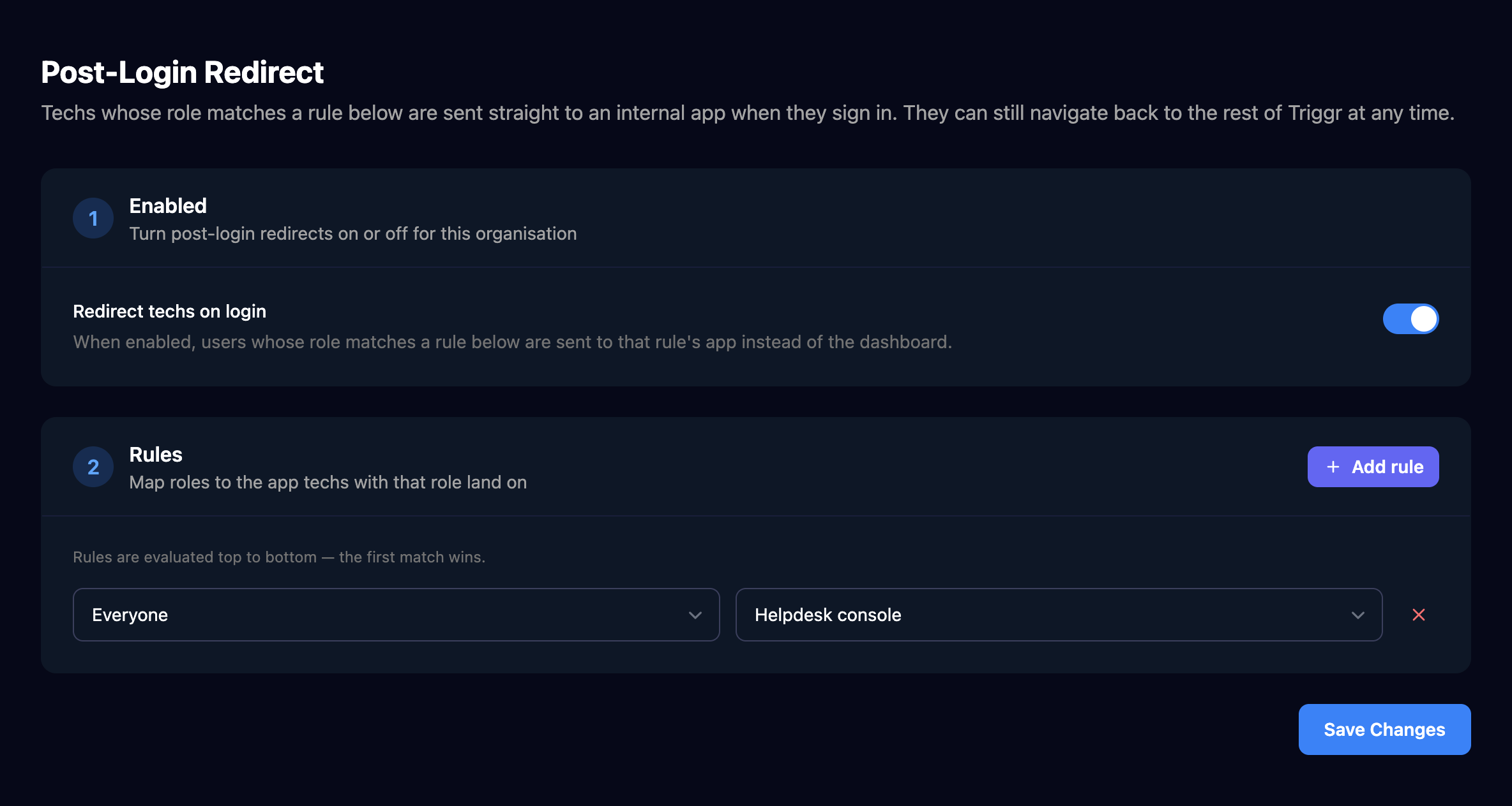 The Post-Login Redirect page with Redirect techs on login switched on and one rule sending Everyone to the Helpdesk console app, above a Save Changes button.