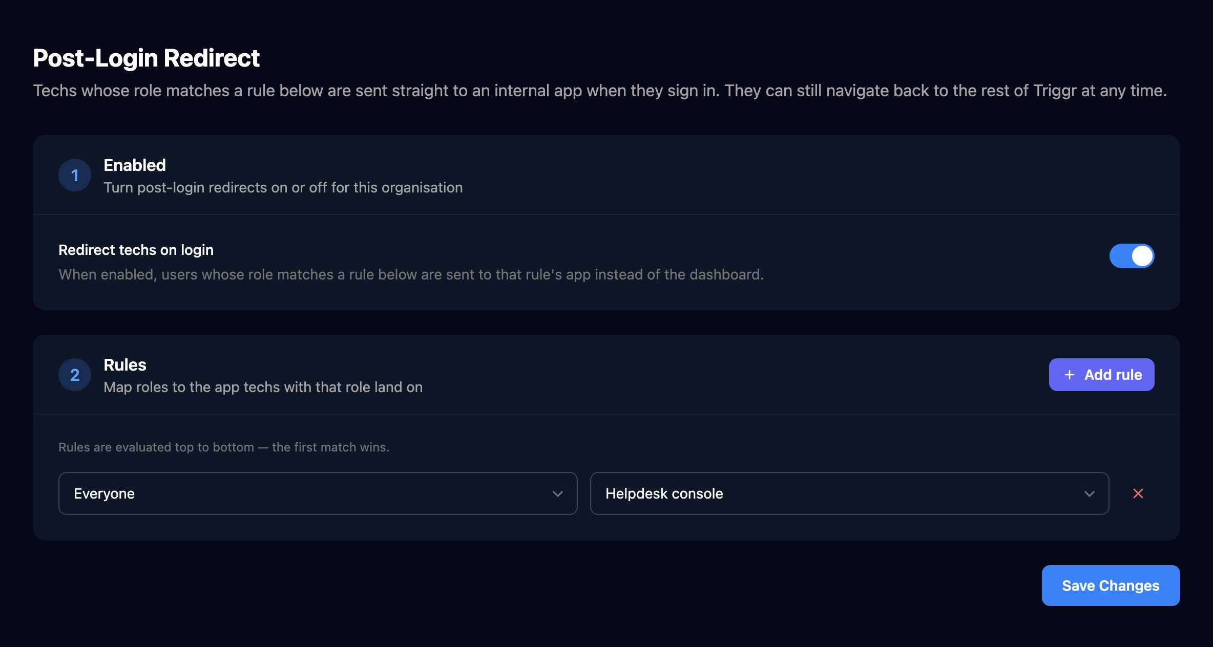 The Post-Login Redirect page with Redirect techs on login switched on and one rule sending Everyone to the Helpdesk console app, above a Save Changes button.