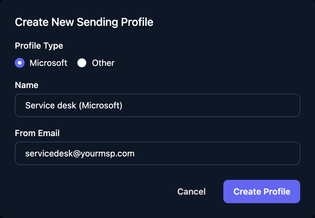 The Create New Sending Profile dialog with Profile Type Microsoft, Name Service desk (Microsoft) and From Email servicedesk@yourmsp.com, and Cancel and Create Profile buttons.