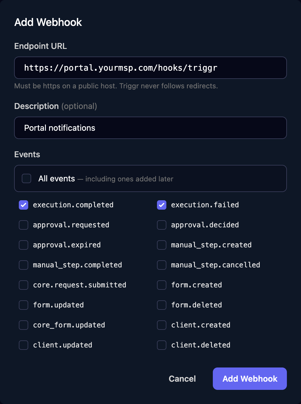 The Add Webhook dialog with Endpoint URL https://portal.yourmsp.com/hooks/triggr, Description Portal notifications, All events unticked, and execution.completed and execution.failed ticked among sixteen events.