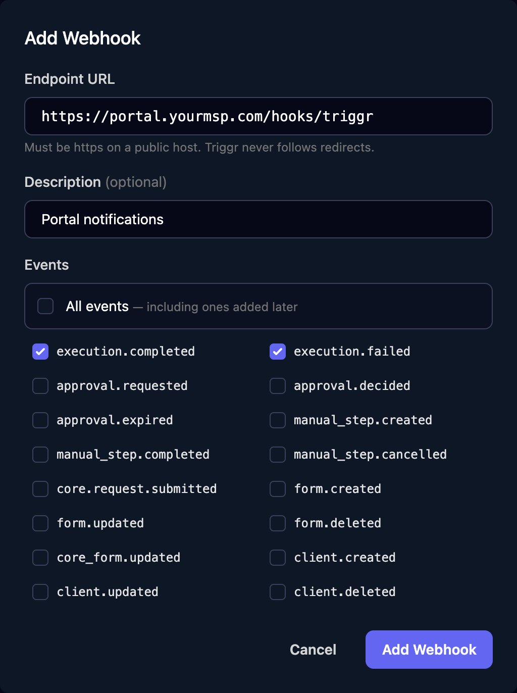 The Add Webhook dialog with Endpoint URL https://portal.yourmsp.com/hooks/triggr, Description Portal notifications, All events unticked, and execution.completed and execution.failed ticked among sixteen events.