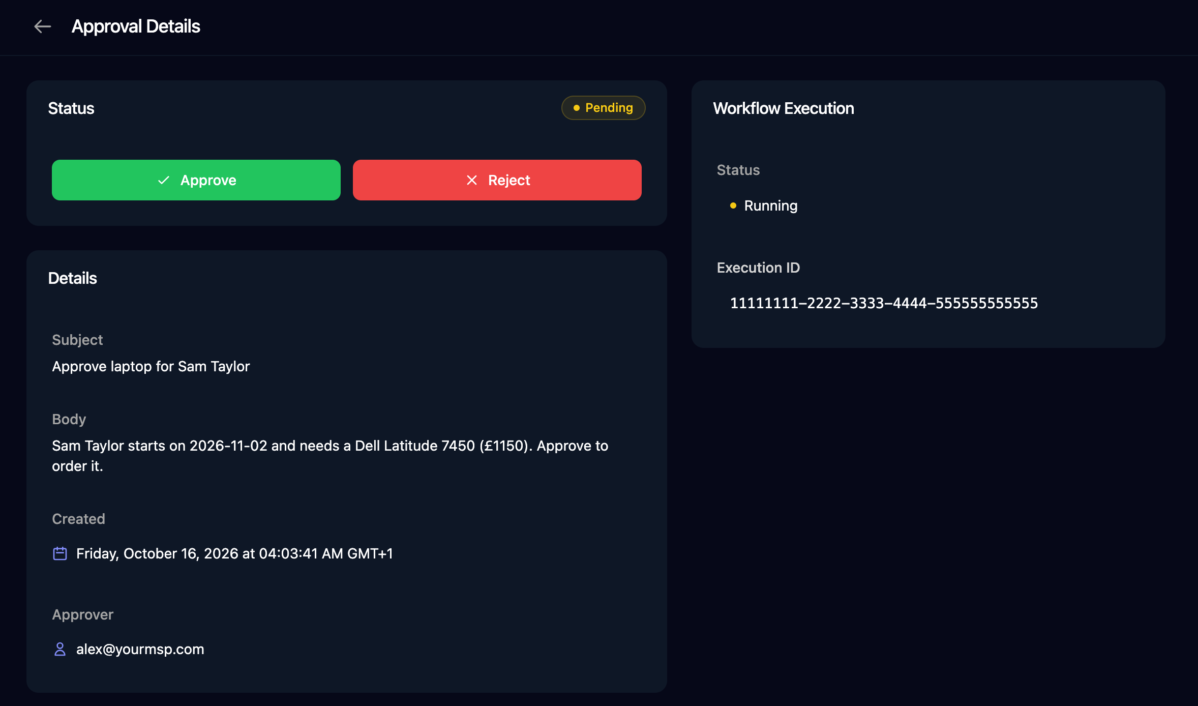Approval Details with a Pending status, Approve and Reject buttons, the Subject and Body of the request, its Created time and Approver, and a Workflow Execution card showing Running and the execution ID.