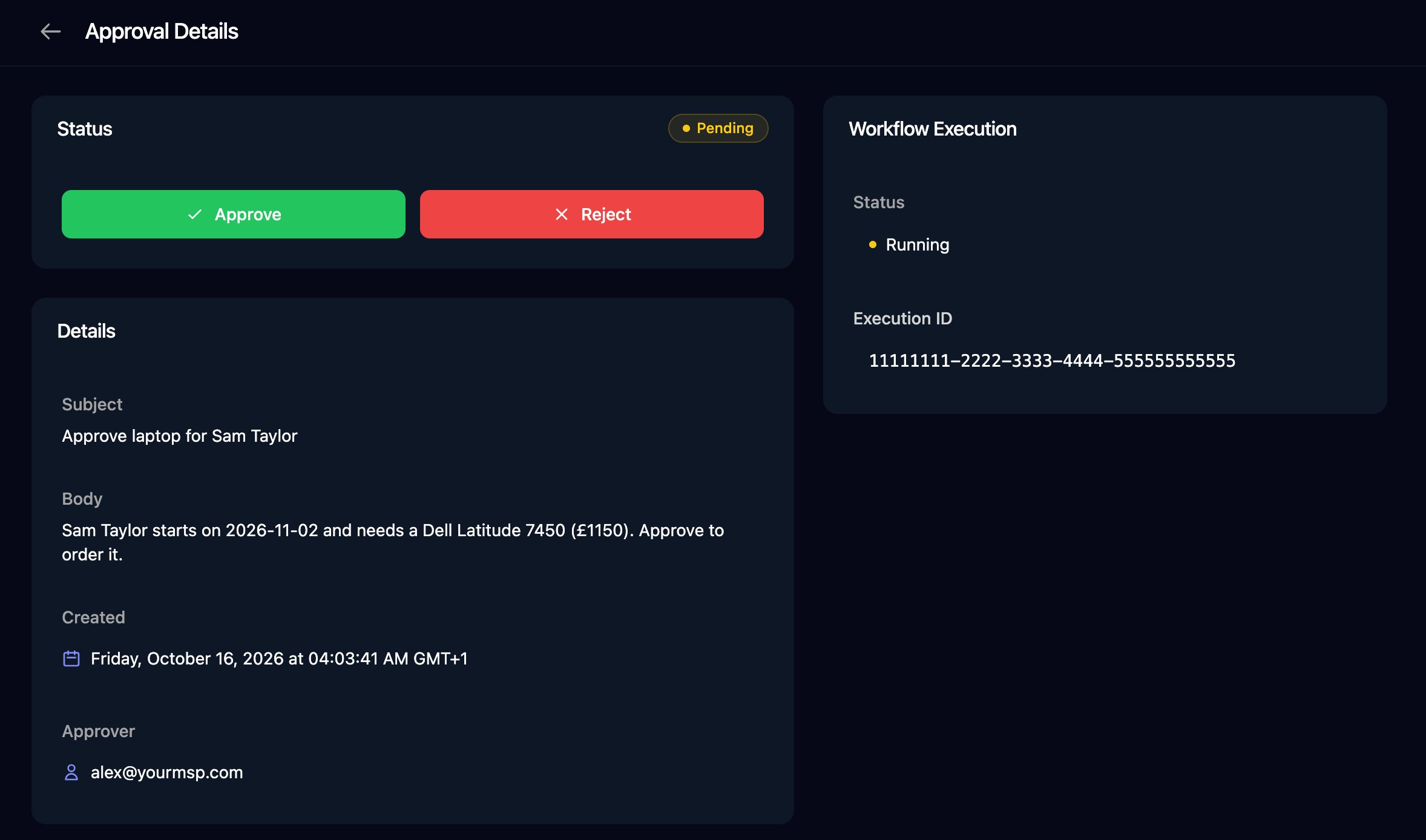 Approval Details with a Pending status, Approve and Reject buttons, the Subject and Body of the request, its Created time and Approver, and a Workflow Execution card showing Running and the execution ID.