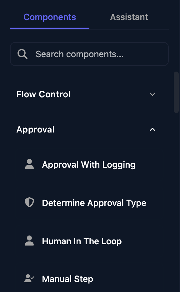 The Components panel with the Approval group open, listing Approval With Logging, Determine Approval Type, Human In The Loop and Manual Step.
