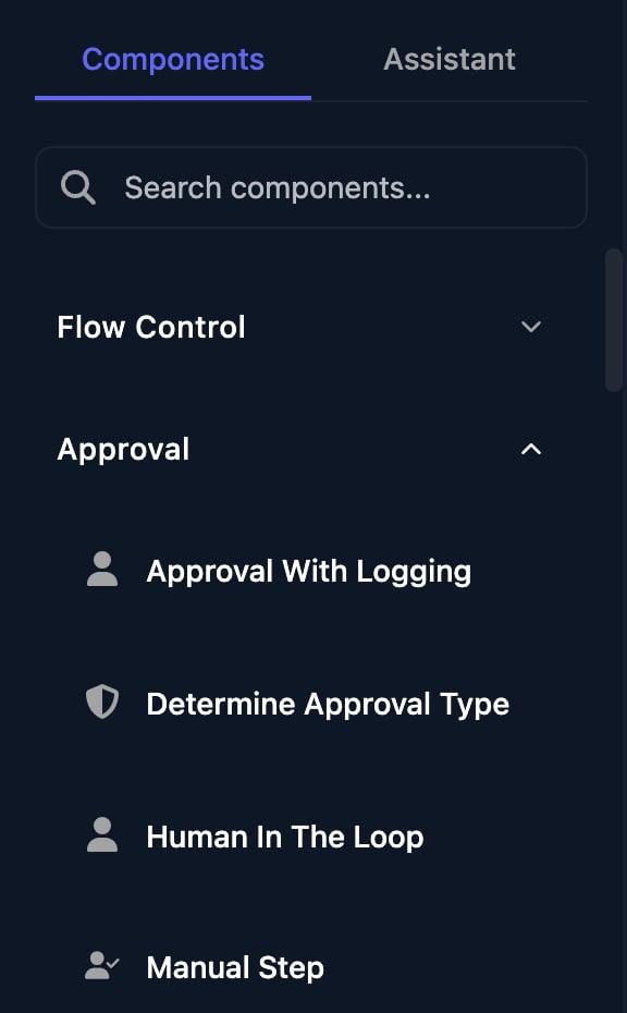The Components panel with the Approval group open, listing Approval With Logging, Determine Approval Type, Human In The Loop and Manual Step.