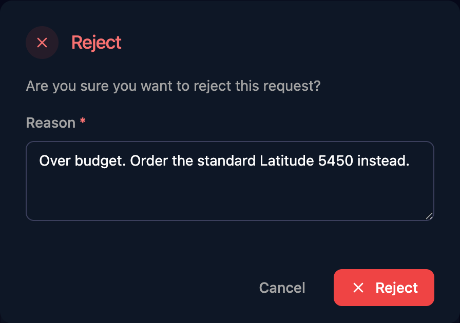The Reject dialog with the Reason Over budget. Order the standard Latitude 5450 instead., and Cancel and Reject buttons.