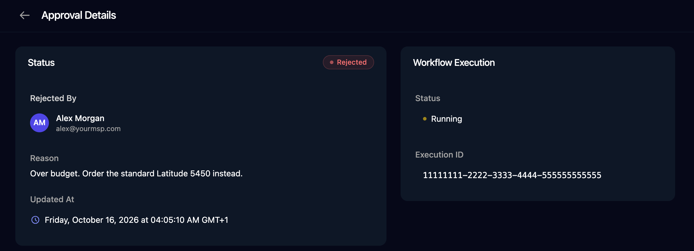 A Rejected request showing Rejected By Alex Morgan, the Reason, Updated At, and the Workflow Execution card.